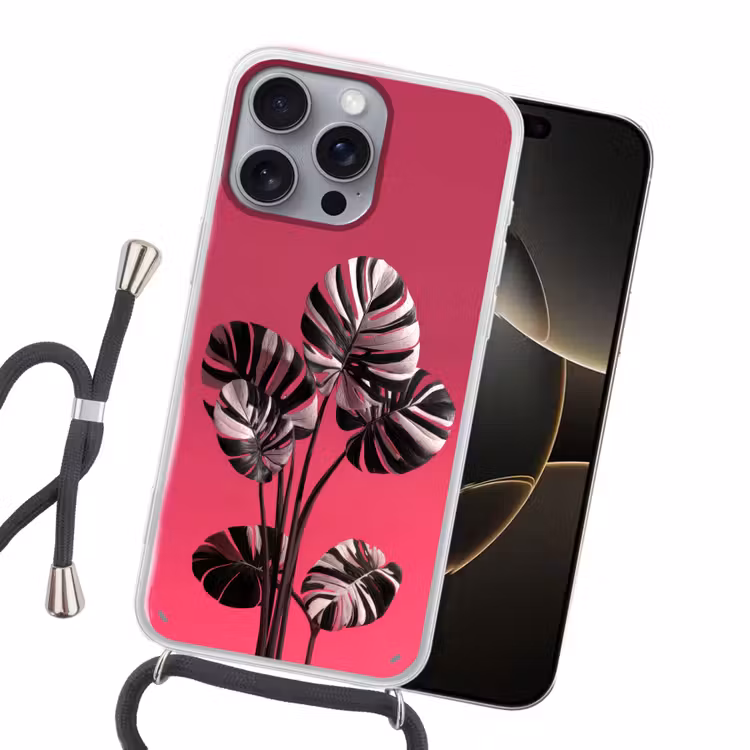 Bladeren - Rond - Roze Hoesje iPhone 16 Pro Max met koord klein -sfeer1