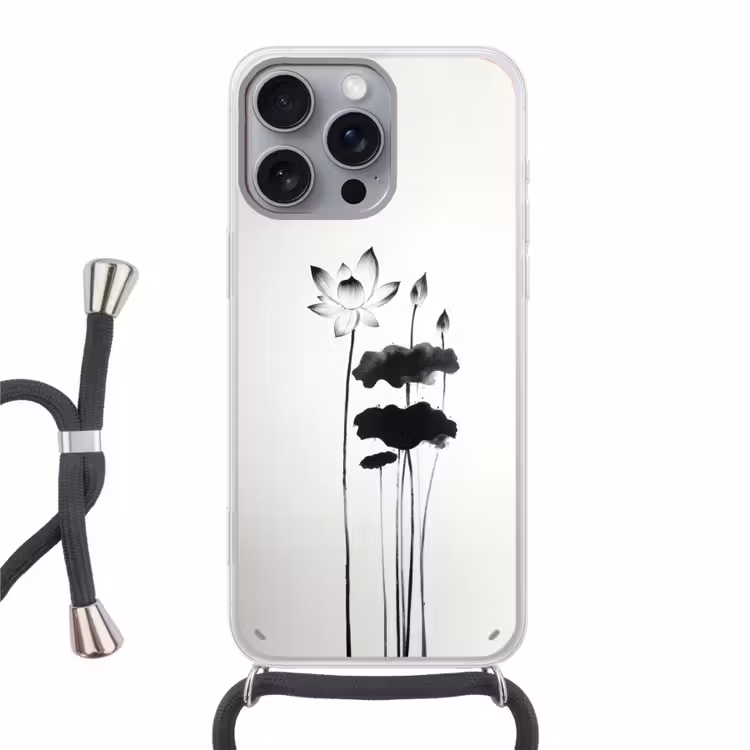 Bladeren - Zwart - Lotusbloem - Minimalitisch Hoesje iPhone 16 Pro Max met koord klein -3d