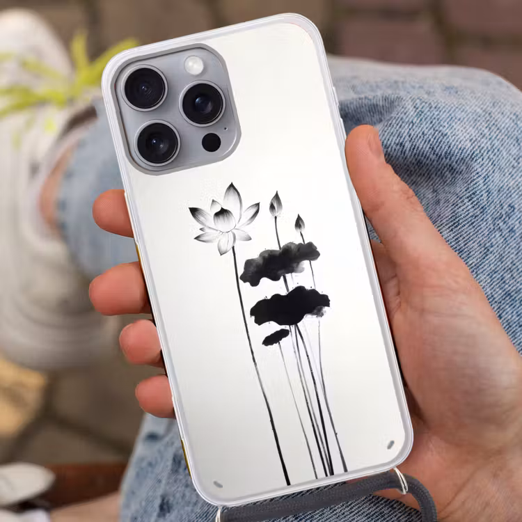 Bladeren - Zwart - Lotusbloem - Minimalitisch Hoesje iPhone 16 Pro Max met koord klein -sfeer3