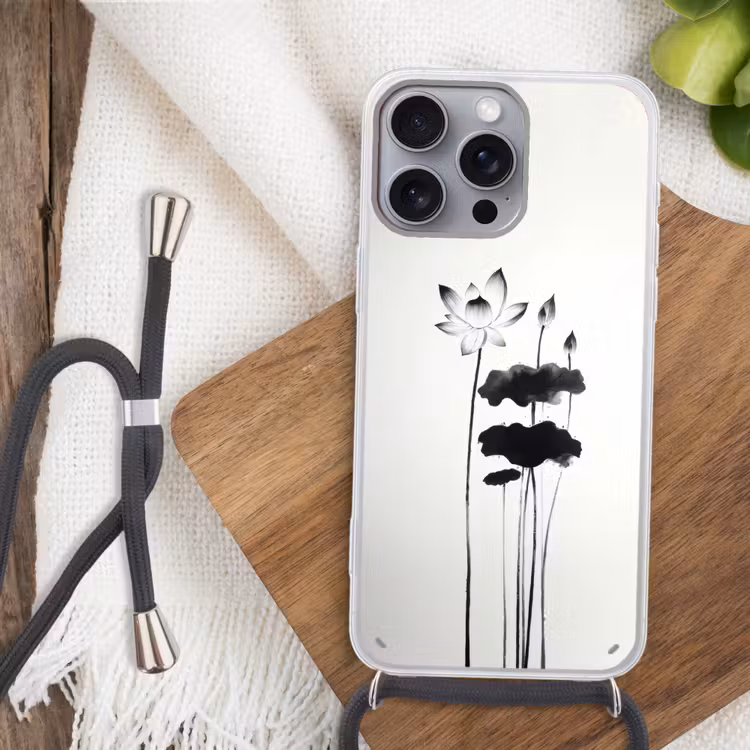 Bladeren - Zwart - Lotusbloem - Minimalitisch Hoesje iPhone 16 Pro Max met koord klein -sfeer4