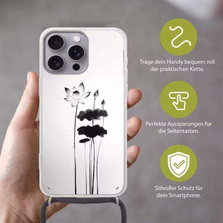 Bladeren - Zwart - Lotusbloem - Minimalitisch Hoesje iPhone 16 Pro Max met koord klein -sfeer2_DE