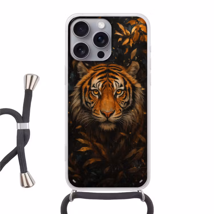 Bladeren - Tijger - Oranje Hoesje iPhone 16 Pro Max met koord klein -3d