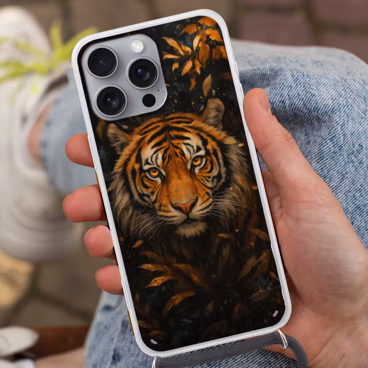 Bladeren - Tijger - Oranje Hoesje iPhone 16 Pro Max met koord klein -sfeer3