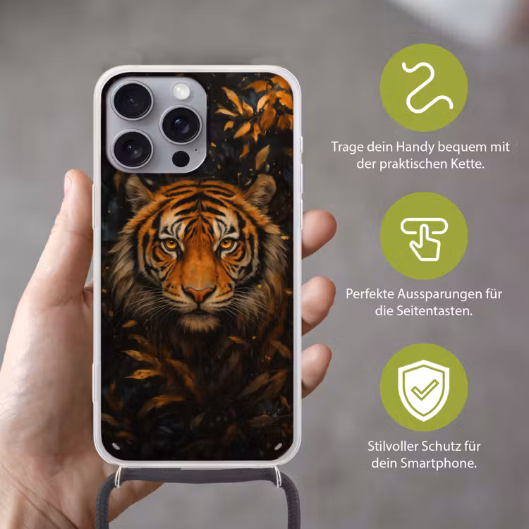 Bladeren - Tijger - Oranje Hoesje iPhone 16 Pro Max met koord klein -sfeer2_DE