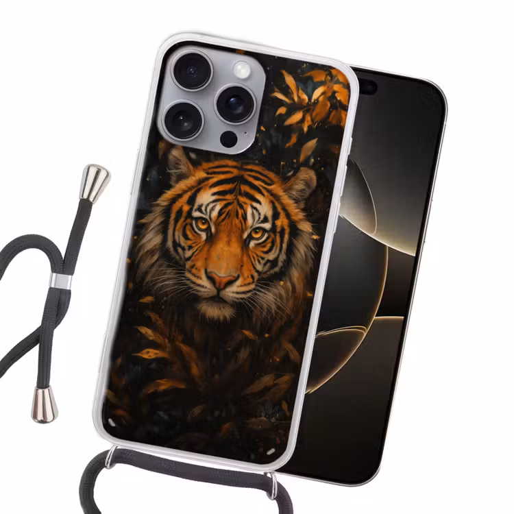 Bladeren - Tijger - Oranje Hoesje iPhone 16 Pro Max met koord klein -sfeer1