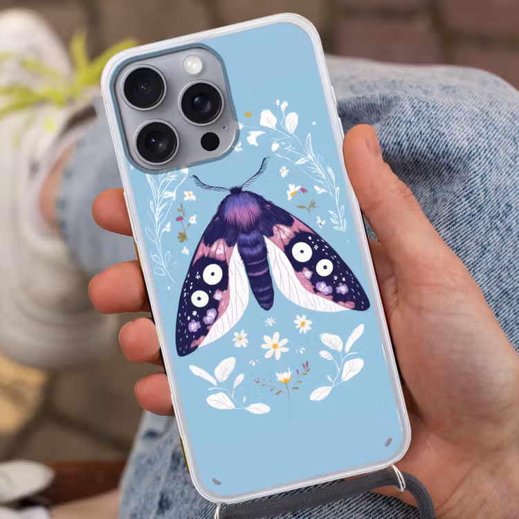 Bladeren - Wit - Vlinder - Insect Hoesje iPhone 16 Pro Max met koord klein -sfeer3