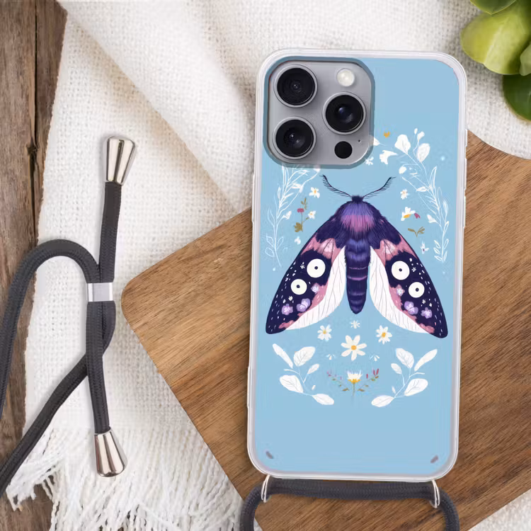 Bladeren - Wit - Vlinder - Insect Hoesje iPhone 16 Pro Max met koord klein -sfeer4