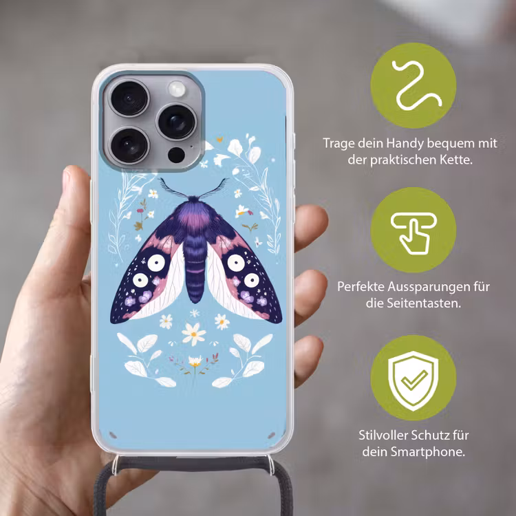 Bladeren - Wit - Vlinder - Insect Hoesje iPhone 16 Pro Max met koord klein -sfeer2_DE