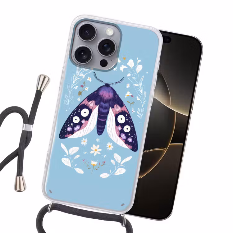 Bladeren - Wit - Vlinder - Insect Hoesje iPhone 16 Pro Max met koord klein -sfeer1