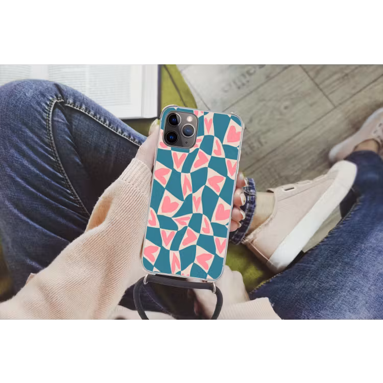 Blauw - Vlakken - Patroon - Hartjes Hoesje iPhone 12 Pro met koord klein 509 -hand