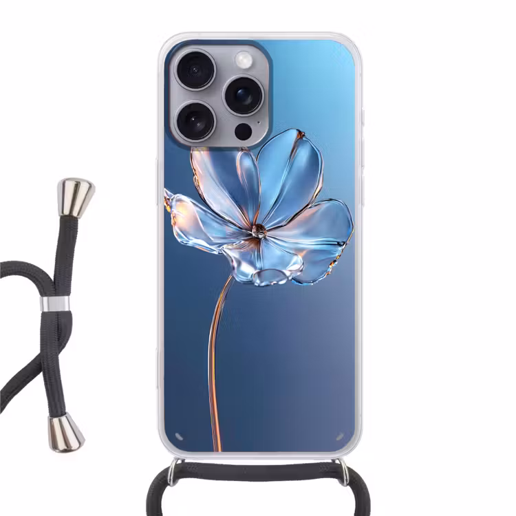 Blauw - Bloem - Glazen - Sierlijk Hoesje iPhone 16 Pro Max met koord klein -3d