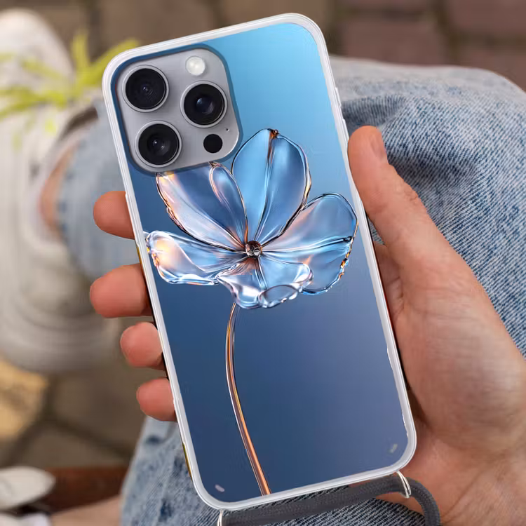 Blauw - Bloem - Glazen - Sierlijk Hoesje iPhone 16 Pro Max met koord klein -sfeer3