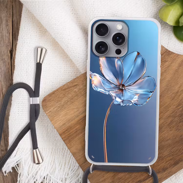 Blauw - Bloem - Glazen - Sierlijk Hoesje iPhone 16 Pro Max met koord klein -sfeer4