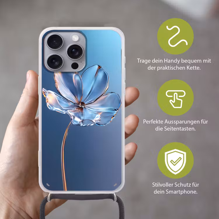 Blauw - Bloem - Glazen - Sierlijk Hoesje iPhone 16 Pro Max met koord klein -sfeer2_DE