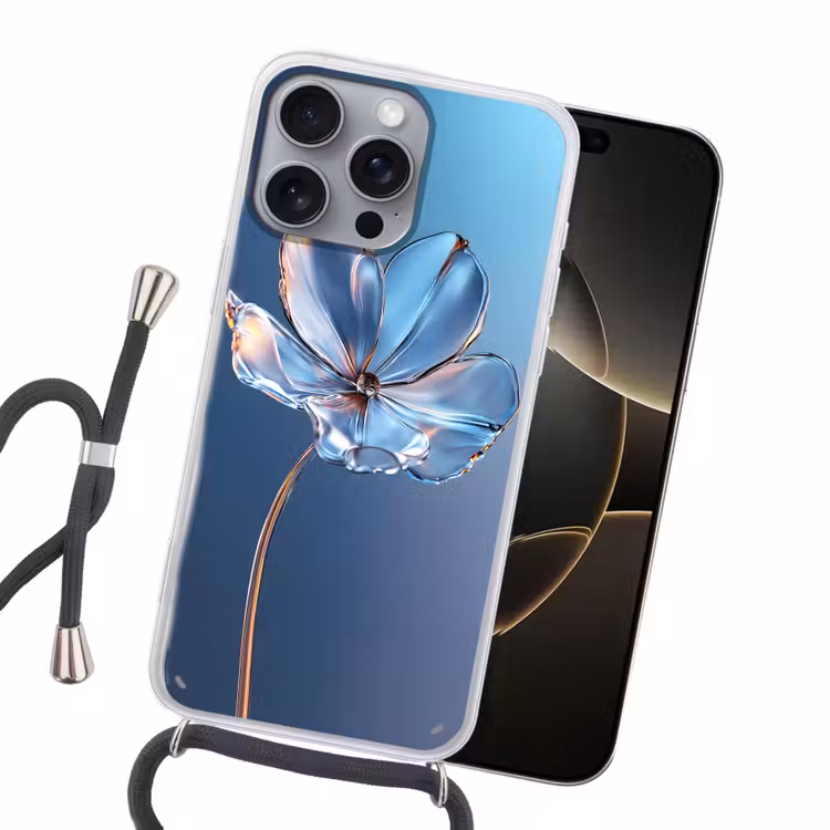 Blauw - Bloem - Glazen - Sierlijk Hoesje iPhone 16 Pro Max met koord klein -sfeer1