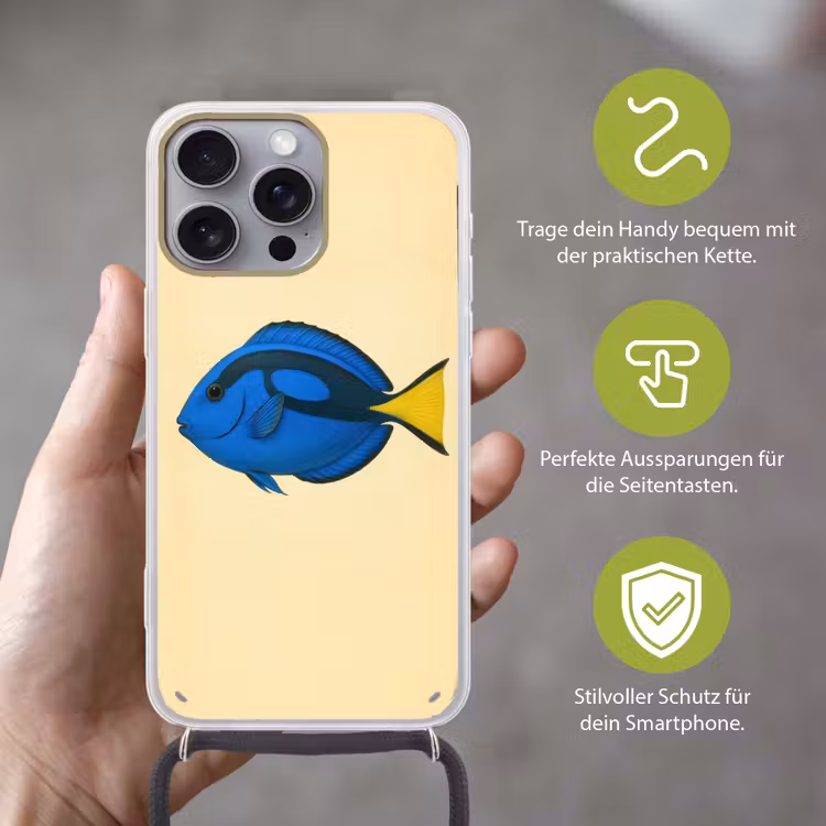 Blauw - Dory - Vis - Staartvin Hoesje iPhone 16 Pro Max met koord klein -sfeer2_DE