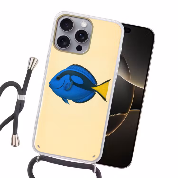 Blauw - Dory - Vis - Staartvin Hoesje iPhone 16 Pro Max met koord klein -sfeer1