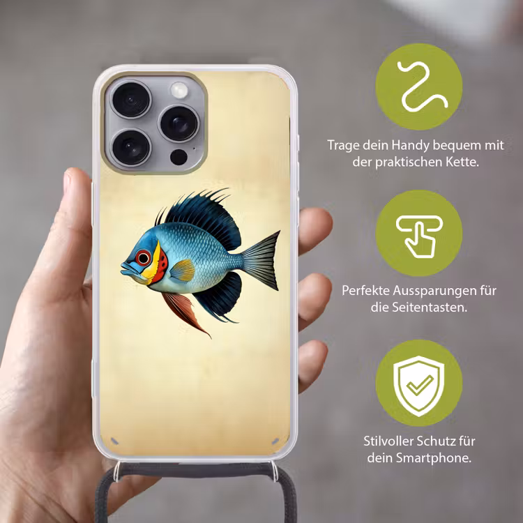 Blauw - Kieuwen - Vis - Illustratie Hoesje iPhone 16 Pro Max met koord klein -sfeer2_DE
