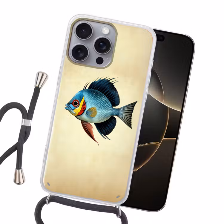 Blauw - Kieuwen - Vis - Illustratie Hoesje iPhone 16 Pro Max met koord klein -sfeer1