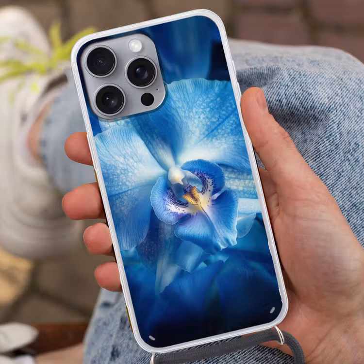 Blauw - Orchidee - Elegeant Hoesje iPhone 16 Pro Max met koord klein -sfeer3