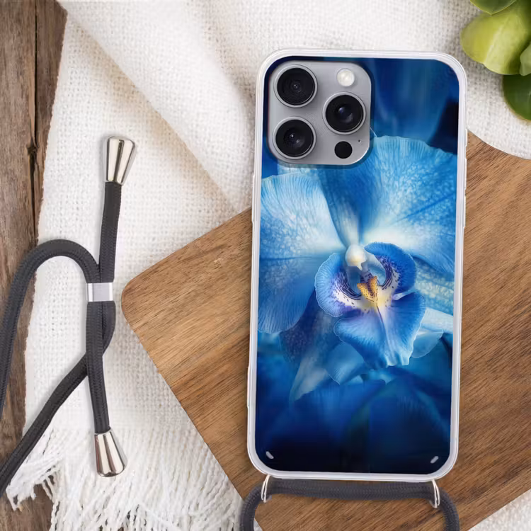 Blauw - Orchidee - Elegeant Hoesje iPhone 16 Pro Max met koord klein -sfeer4