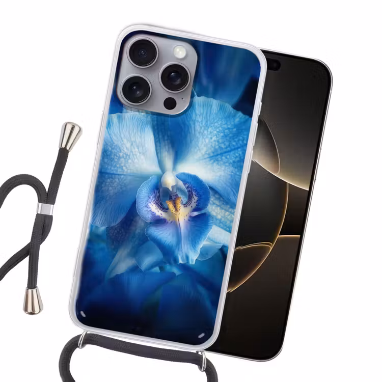 Blauw - Orchidee - Elegeant Hoesje iPhone 16 Pro Max met koord klein -sfeer1