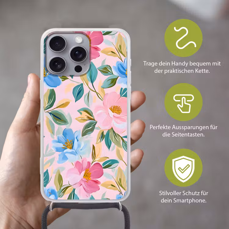 Blauw - Roze - Bloemen Hoesje iPhone 16 Pro Max met koord klein -sfeer2_DE