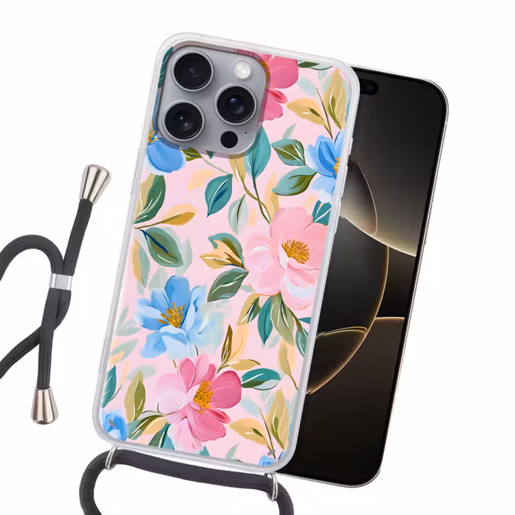 Blauw - Roze - Bloemen Hoesje iPhone 16 Pro Max met koord klein -sfeer1