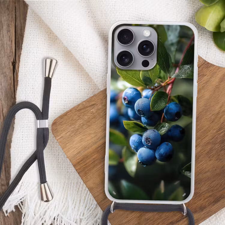 Blauwe bessen - Dauwdruppels - Natuurlijk licht Hoesje iPhone 16 Pro Max met koord klein -sfeer4