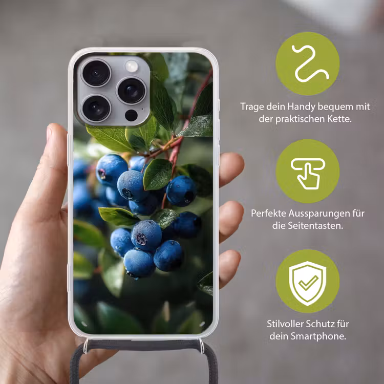 Blauwe bessen - Dauwdruppels - Natuurlijk licht Hoesje iPhone 16 Pro Max met koord klein -sfeer2_DE
