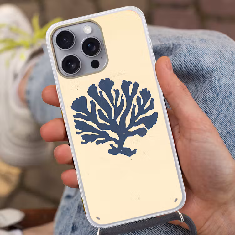 Blauw koraal - Vertakkingen - Beige Hoesje iPhone 16 Pro Max met koord klein -sfeer3