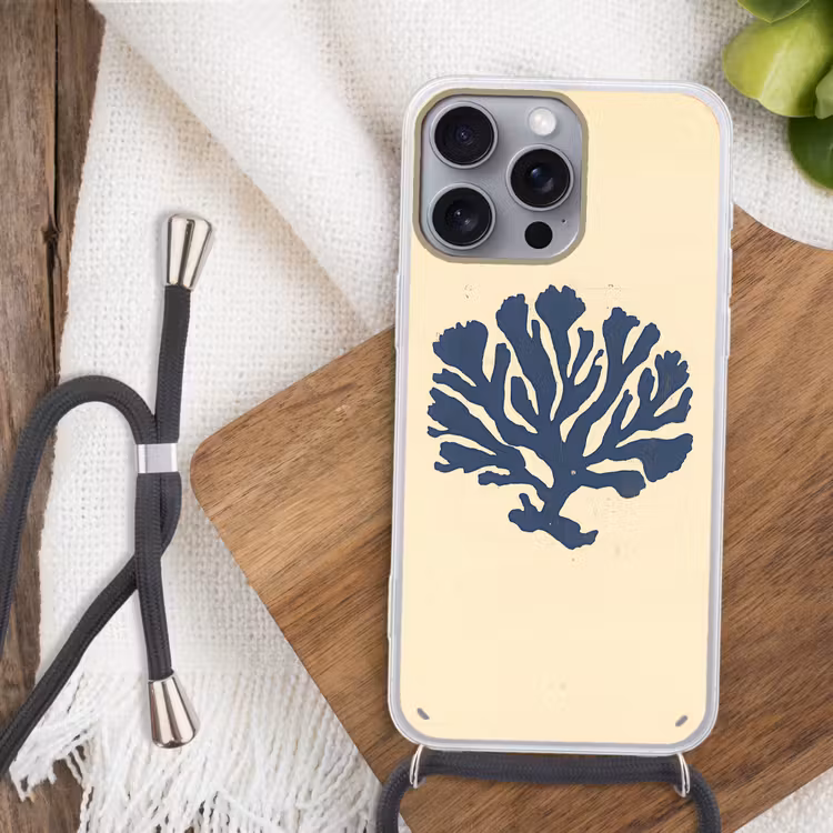 Blauw koraal - Vertakkingen - Beige Hoesje iPhone 16 Pro Max met koord klein -sfeer4