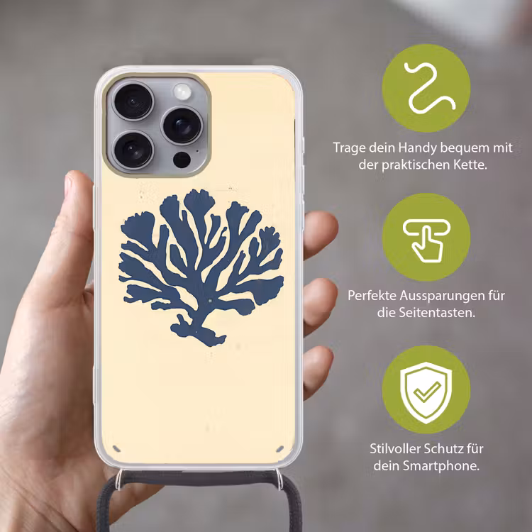Blauw koraal - Vertakkingen - Beige Hoesje iPhone 16 Pro Max met koord klein -sfeer2_DE