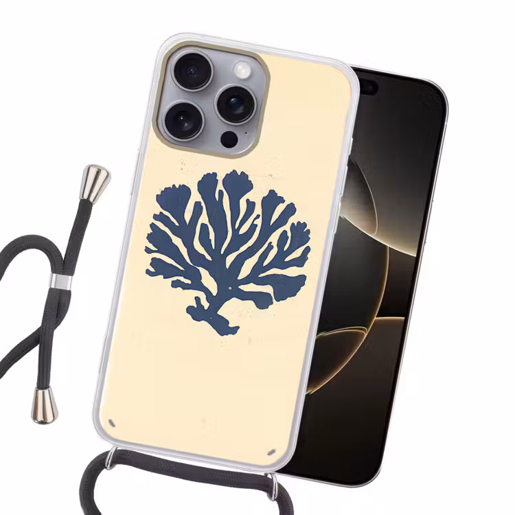Blauw koraal - Vertakkingen - Beige Hoesje iPhone 16 Pro Max met koord klein -sfeer1