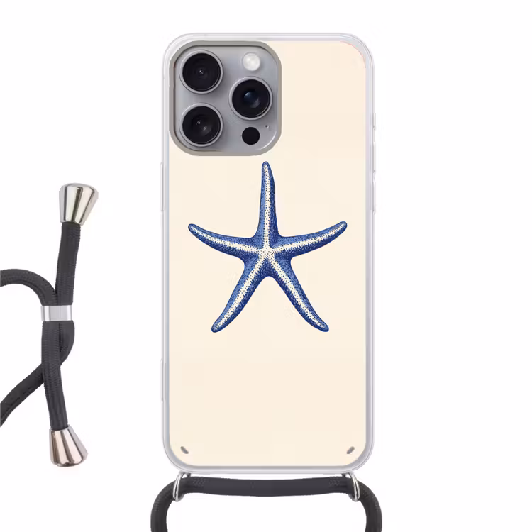 Blauwe zeester - Minimalistisch - Beige Hoesje iPhone 16 Pro Max met koord klein -3d