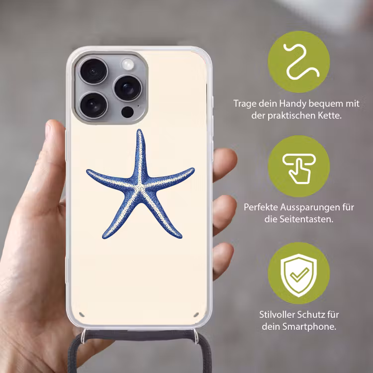 Blauwe zeester - Minimalistisch - Beige Hoesje iPhone 16 Pro Max met koord klein -sfeer2_DE