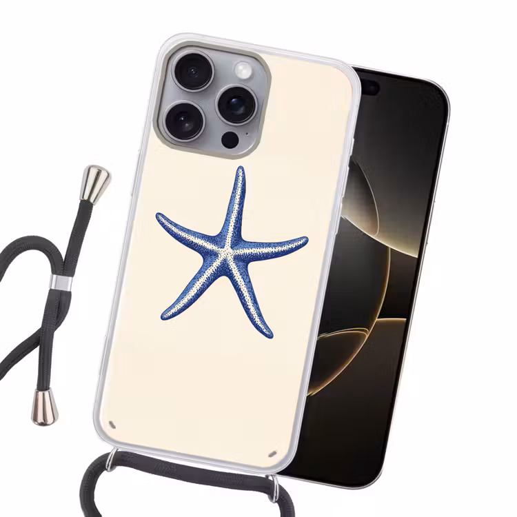 Blauwe zeester - Minimalistisch - Beige Hoesje iPhone 16 Pro Max met koord klein -sfeer1