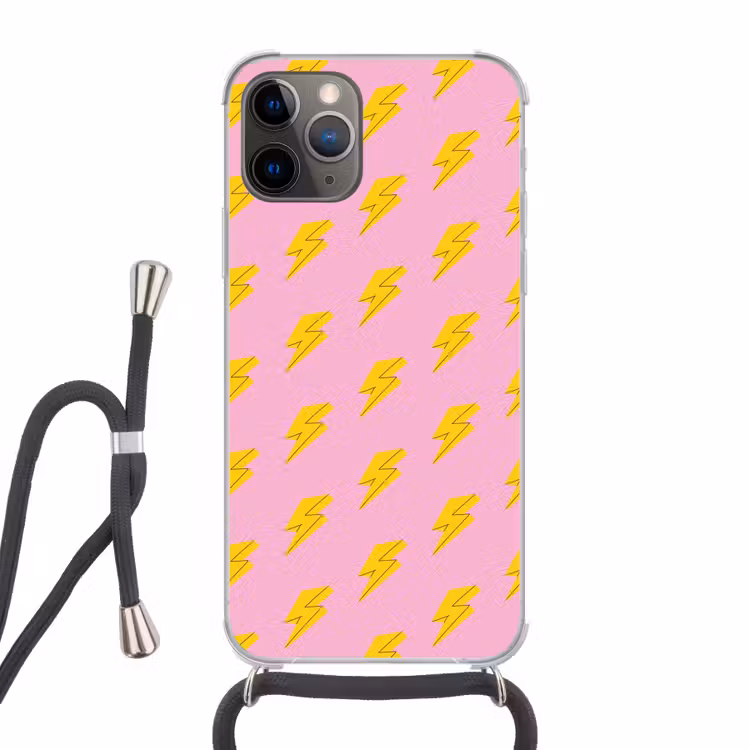 Bliksemschichten - Patroon - Geel - Roze Hoesje iPhone 12 Pro met koord klein -3d