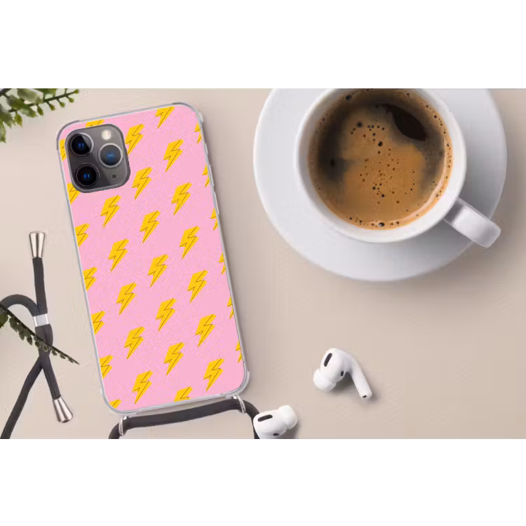 Bliksemschichten - Patroon - Geel - Roze Hoesje iPhone 12 Pro met koord klein -oordop