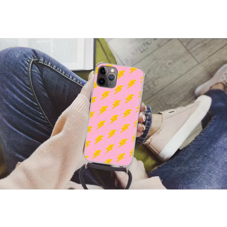 Bliksemschichten - Patroon - Geel - Roze Hoesje iPhone 12 Pro met koord klein -hand