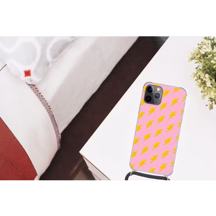 Bliksemschichten - Patroon - Geel - Roze Hoesje iPhone 12 Pro met koord klein -kamer
