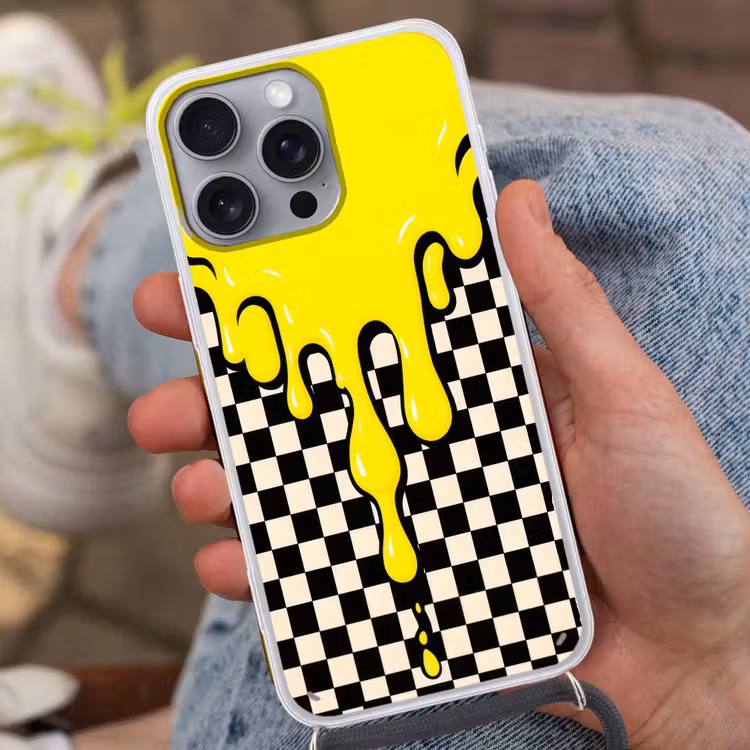 Geblokt - Grafisch - Vloeistof - Geel Hoesje iPhone 16 Pro Max met koord klein -sfeer3