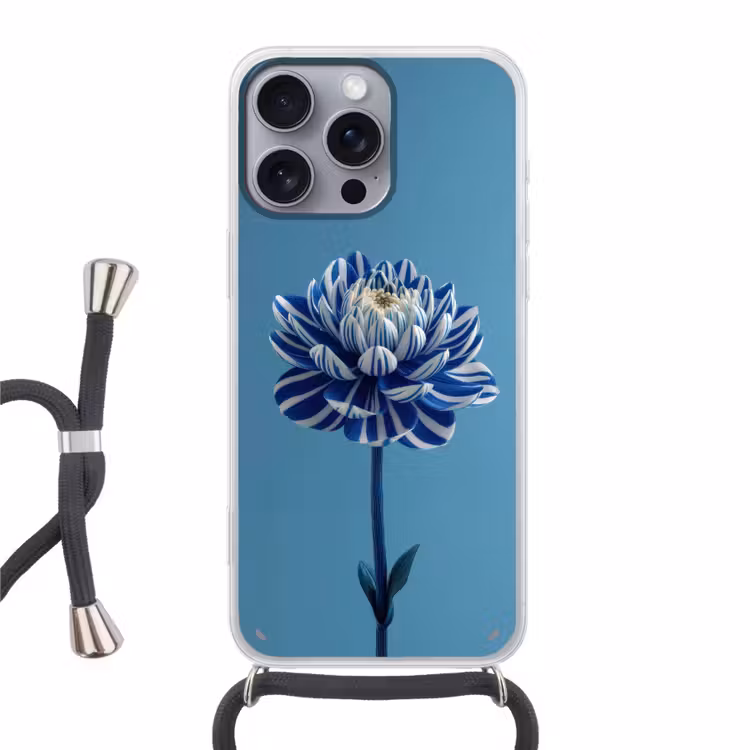 Bloem - Blauw - Bloemblaadjes - Streepjes Hoesje iPhone 16 Pro Max met koord klein -3d