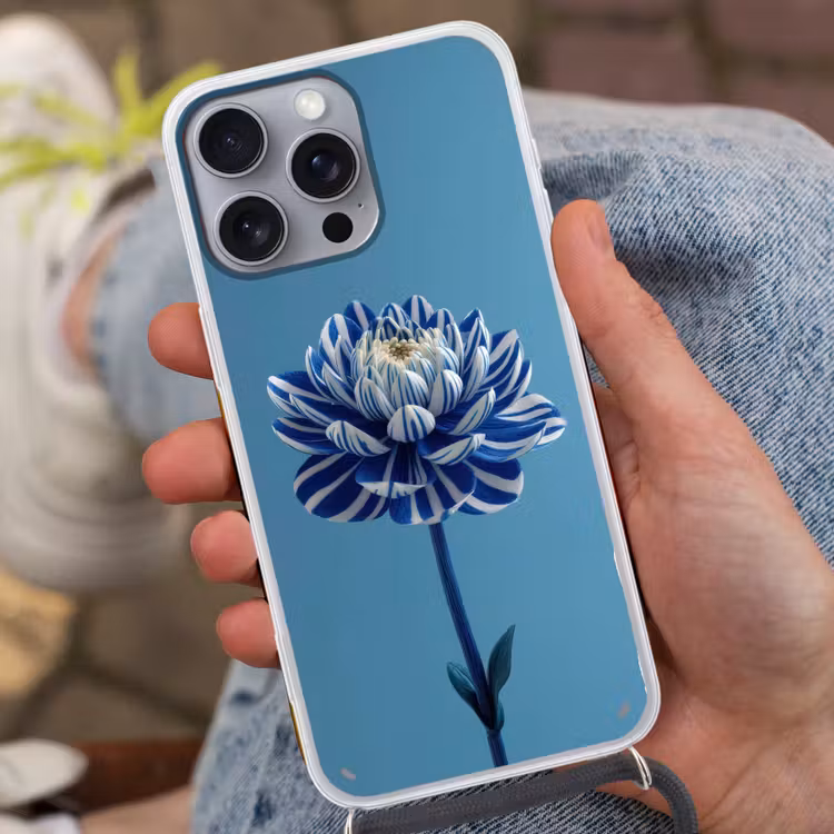Bloem - Blauw - Bloemblaadjes - Streepjes Hoesje iPhone 16 Pro Max met koord klein -sfeer3