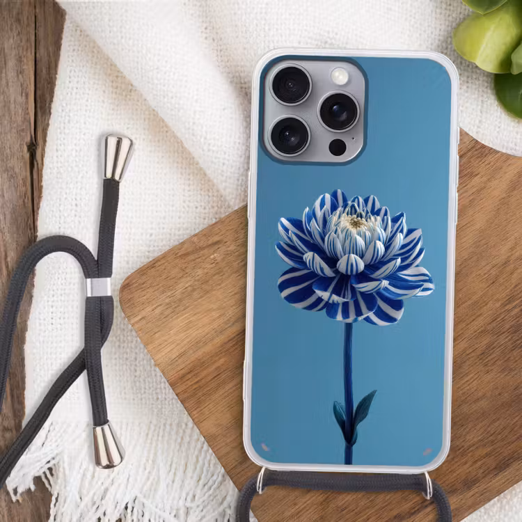 Bloem - Blauw - Bloemblaadjes - Streepjes Hoesje iPhone 16 Pro Max met koord klein -sfeer4