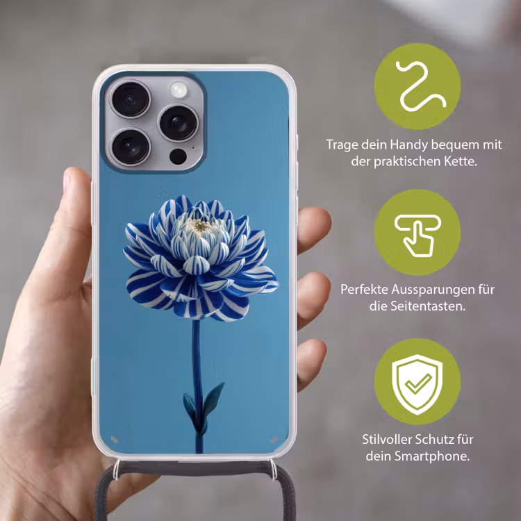 Bloem - Blauw - Bloemblaadjes - Streepjes Hoesje iPhone 16 Pro Max met koord klein -sfeer2_DE