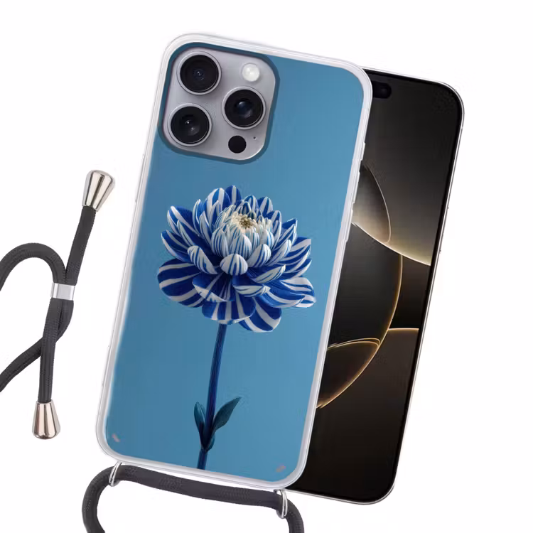 Bloem - Blauw - Bloemblaadjes - Streepjes Hoesje iPhone 16 Pro Max met koord klein -sfeer1
