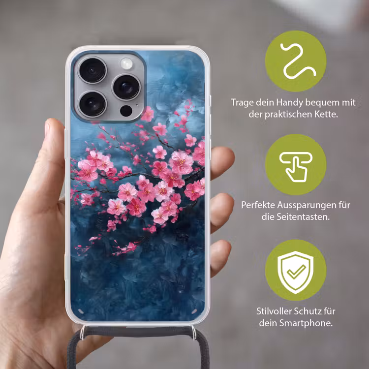Bloem - Bloesems - Roze - Abstract Hoesje iPhone 16 Pro Max met koord klein -sfeer2_DE