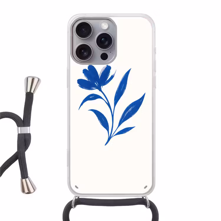 Bloem - Blaadjes - Minimalistisch - Blauw Hoesje iPhone 16 Pro Max met koord klein -3d