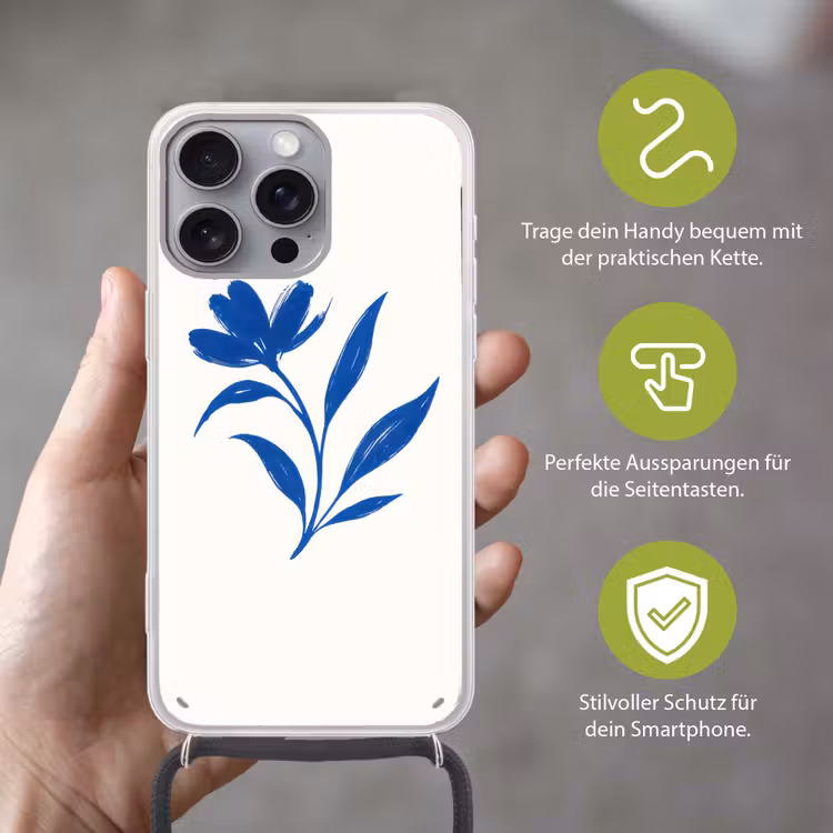 Bloem - Blaadjes - Minimalistisch - Blauw Hoesje iPhone 16 Pro Max met koord klein -sfeer2_DE